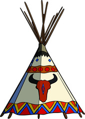 Native american traditional tipi tent vector illustration. Apache wigwam with buffalo skull.