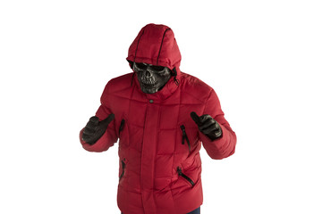 Maniac in the mask of death on a white background