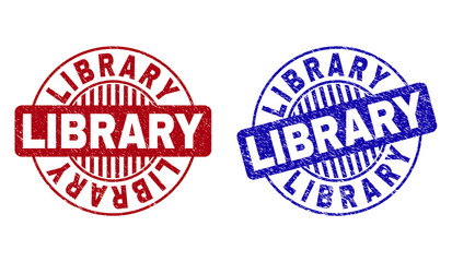 Grunge LIBRARY round stamp seals isolated on a white background. Round seals with grunge texture in red and blue colors. Vector rubber imitation of LIBRARY title inside circle form with stripes.