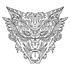 Wild beautiful wolf head hand draw on a white background. Color book. Fashion in a vector illustration