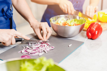 Woman hands cutting vegetables cooking ingredients. Concept healthy eating, culinary show