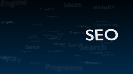 Deep blue background with different words, which deal with Search Engine Optimization. The bold word is situated on the right side of composition. Close up. Copy space. 3D.