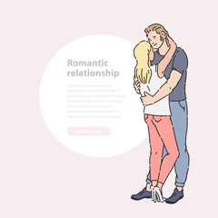 Young woman and man couple hugging on the street in summer time vector line art illustration banner and round area for text.