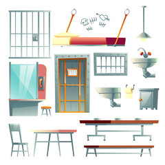 Jail cell, prison dining and visiting room furniture, interior design elements cartoon vector set isolated on white background. Steel bars, table, door, bed, washbasin and toilet bowl illustration