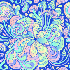 Seamless pattern with colorful magic mushrooms in doodle style. 60s hippie psychedelic art. Vector. Print for fabric
