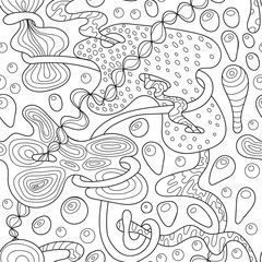Seamless pattern with colorful magic mushrooms in doodle style. 60s hippie psychedelic art. Vector. Print for fabric