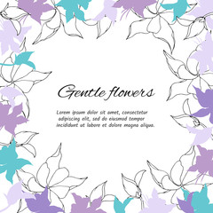 Fototapeta na wymiar Text frame of gentle purple and white flowers. Spring set of floral patterns, for decorating cards,