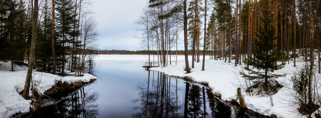 Natural landscape - forest, lake,river are under snow in spring in March