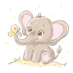 Cute cartoon elephant with butterfly. Hand drawn vector illustration.
