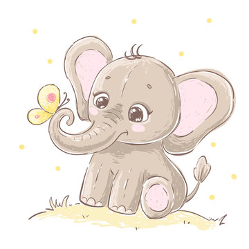 Cute cartoon elephant with butterfly. Hand drawn vector illustration.