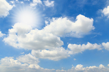 Beautiful blue sky with white fluffy clouds ,the sunlight