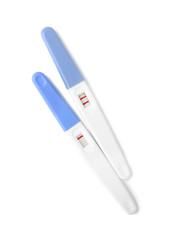 Negative and positive pregnancy tests on white background