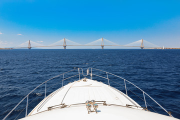 The Rio Antirrio Bridge or Charilaos Trikoupis Bridge, photo taken from the boat during summer holidays 2018.