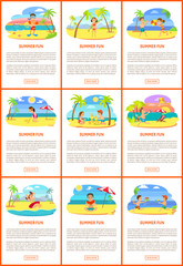 Summer fun vector, children on beach summertime vacation of kids. Seaside tropics, exotic nature. Boy eating watermelon, girl in lifebuoy, drawing on sand