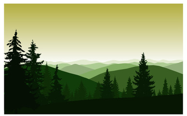  Silhouette of mountains and coniferous trees. Evening.