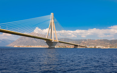 The Rio Antirrio Bridge or Charilaos Trikoupis Bridge, photo taken from the boat during summer holidays 2018.