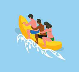 Obraz premium Summer sea adventures of people vector, man and woman sitting on inflatable banana boat holding each other. Male and female on holidays summertime vacation