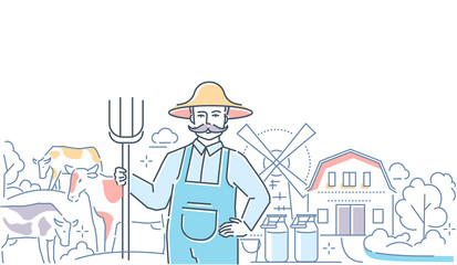 Milk farm - colorful line design style illustration