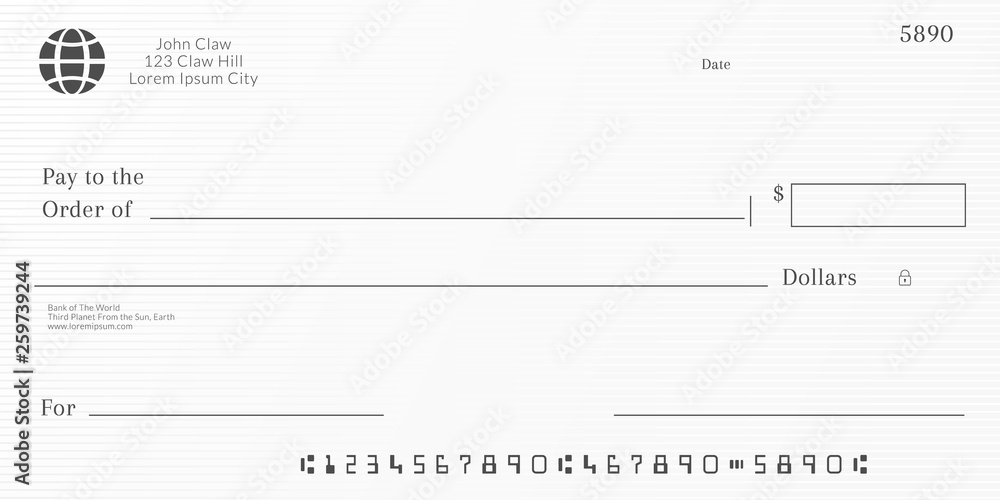 Wall mural bank check template. checkbook page background with empty fields.