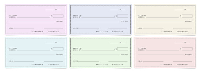 Bank cheques templates. Blank personal desk checks. - obrazy, fototapety, plakaty
