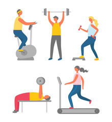 Fototapeta na wymiar Stationary bicycle machine vector, jogging and dumbbells, barbells. Man and woman people leading active lifestyle, gymnastics exercises, athletes set