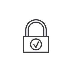 Protected lock line icon. Padlock with check mark linear style sign for mobile concept and web design. Password private protection outline vector icon. Symbol, logo illustration. Pixel perfect vector 