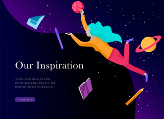 landing page template. Inspired People flying. Create your own spase. Character moving and floating in dreams, imagination and freedom inspiration design work. Flat design style