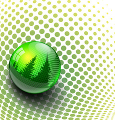 Image design. Green glassy water drop with coniferous trees. Abstract background.