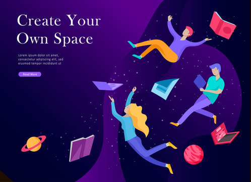 landing page template. Inspired People flying. Create your own spase. Character moving and floating in dreams, imagination and freedom inspiration design work. Flat design style