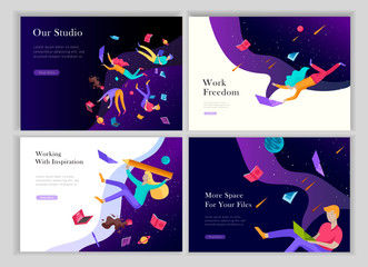 landing page templates set. Inspired People flying. Create your own spase. Characters moving and floating in dreams, imagination and freedom inspiration design work. Flat design style