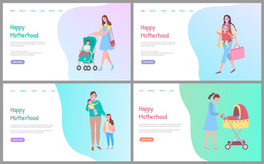 Happy motherhood vector, woman walking with kid sitting in perambulator, mother and child. Care for children, mom and pram, daughter and woman. Website or webpage template, landing page flat style