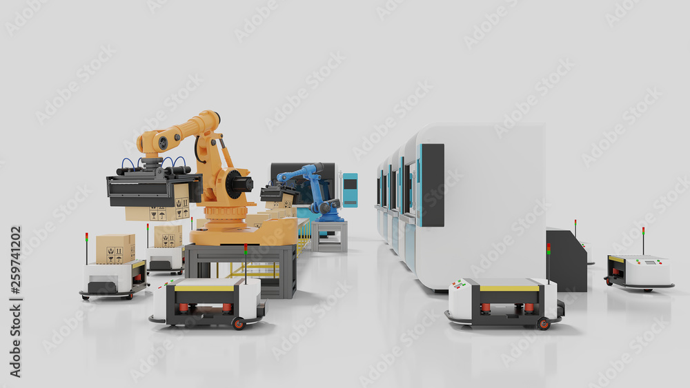 Poster factory automation with agvs, 3d printers and robotic arm,3d rendering
