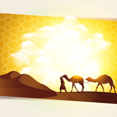 Islamic landscape arabian background. Camel caravan going through the desert