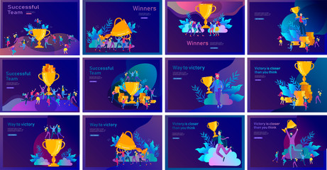 Business Team Success hold Golden winner cup, concept of people are happy with victory. Office Workers Celebrating with Big Trophy, ways goals, first place in business, financial growth. Landing page