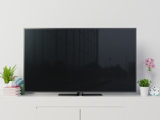 Tv mockup with blank black screen on cabinet. 3d rendering