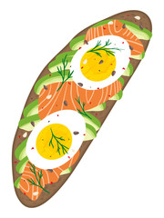 Delicious avocado, salmon and hard boiled egg sandwich isolated on white background. Fresh dark rye rustic bread loaf with slices of ripe avocado, egg and lox. Vector hand drawn illustration. 