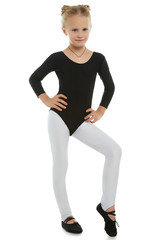 Full length shot of a girl with blond hair, wearing black leotard, glossy leggins and gym shoes....