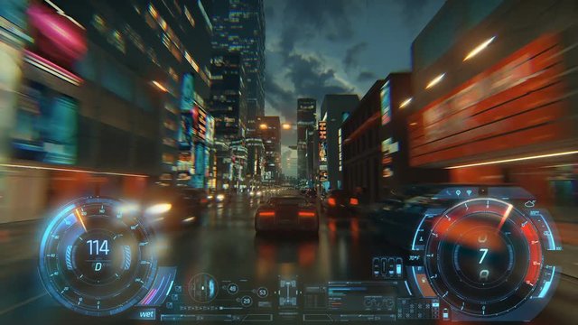 3d fake Video Game. Racing simulation. night city. lights after rain. part 1 of 2. Hud