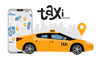 Big mobile phone with map and downtown on background, online ordering taxi service concept. Side view of yellow vehicle. Mobile app for renting taxi online. Vector flat cartoon illustration