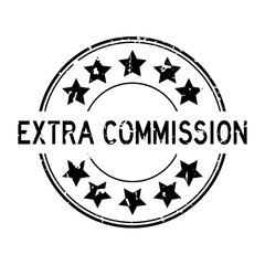 Grunge black extra commission word with star icon round rubber seal stamp on white background