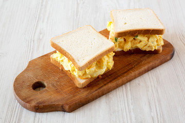 Homemade egg sandwich for breakfast over white wooden background, low angle view. Close-up.