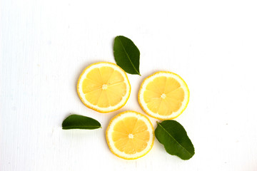 fresh lemon and green leave fruit flat lay food concept isolate on white background