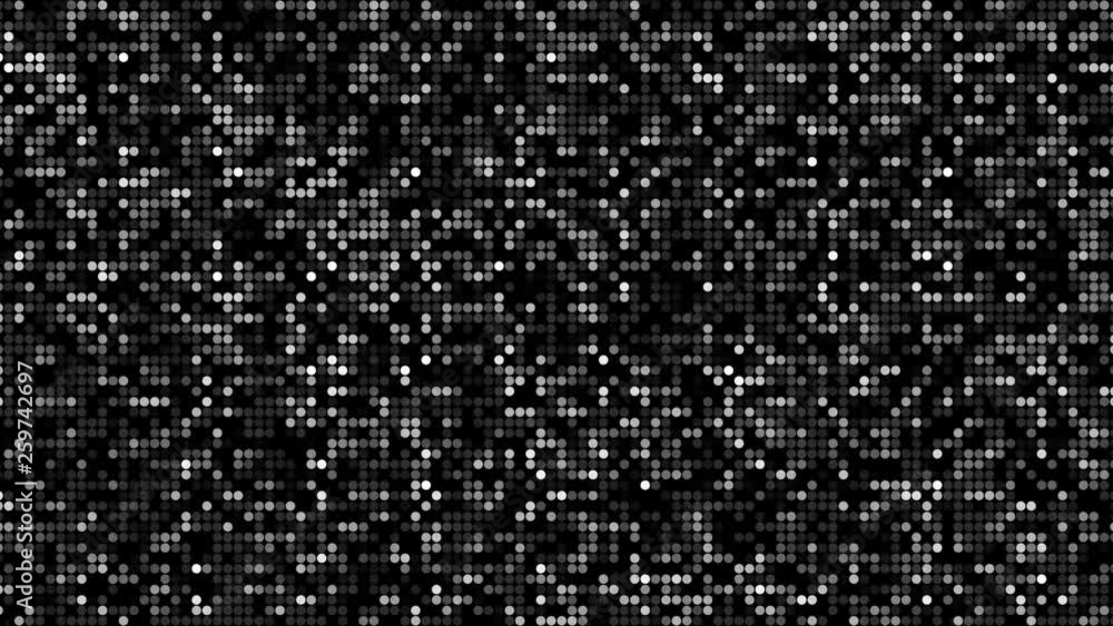 Poster dots on a grid surface moving and twisting from order to chaos. white bright dots disperse into spac