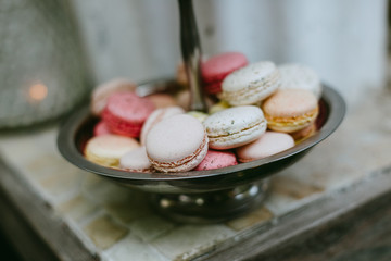Colorful macaroons on plate, silver vintage plate, pink macarons