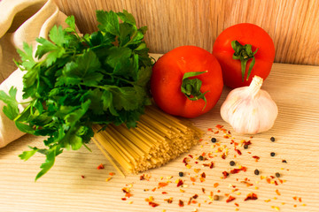  Uncooked pasta with vegetables and spices,pasta ingredients 