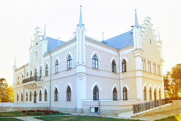 Ruginoasa Castle, Iasi. Romania. Element of architecture. Building on the blue sky background.