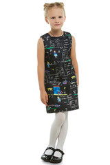Full length shot of girl with ballet buns, wearing black sleeveless dress with children's paintings...