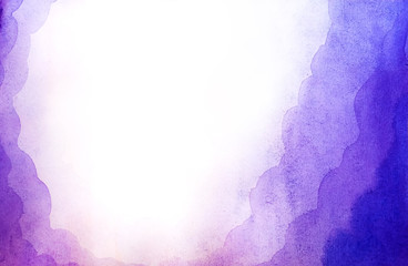 Watercolor abstract purple background  from a frame of air clouds or as underwater depth. White shine inside in the middle for copy space.