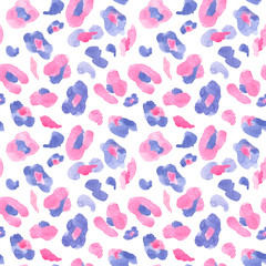 Fototapeta na wymiar Trendy Watercolor hand painted leopard skin seamless pattern on white background. Animal endless print with pink, blue and pastel purple or lavender colored spots for textile, clothes, fabric 