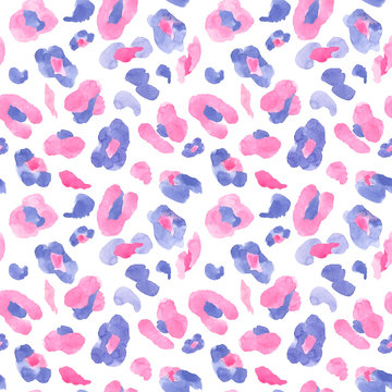 Trendy Watercolor hand painted leopard skin seamless pattern on white background. Animal endless print with pink, blue and pastel purple or lavender colored spots for textile, clothes, fabric 